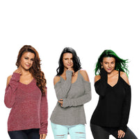 V Neck Loose Fit Cold Shoulder Sweater - Black, Grey or Rust