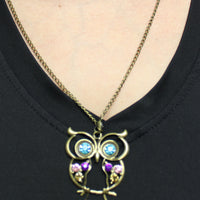 Retro Colorful Rhinestone Owl Pendant and Long Chain Necklace