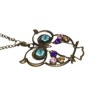 Retro Colorful Rhinestone Owl Pendant and Long Chain Necklace