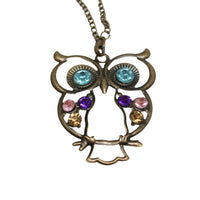 Retro Colorful Rhinestone Owl Pendant and Long Chain Necklace
