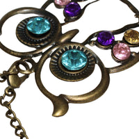 Retro Colorful Rhinestone Owl Pendant and Long Chain Necklace