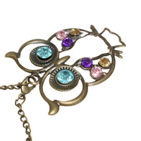 Retro Colorful Rhinestone Owl Pendant and Long Chain Necklace