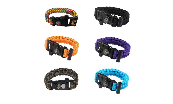 Paracord Survival Bracelet with Compass/Whistle Buckle - Black, Camo, Orange, Rainbow, Purple or Teal