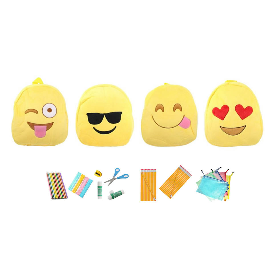 Plush Emoji Face Backpack & School Supply Bundle - Heart Eyes, Crazy Eyes, Sunglasses or Yummy