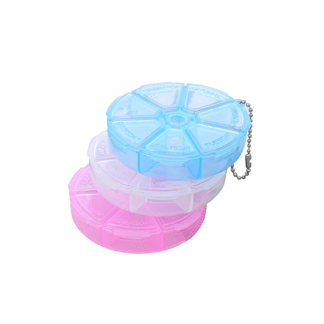 7 Day Round Travel Pill Organizer Keychain - Blue, Pink, White or Purple