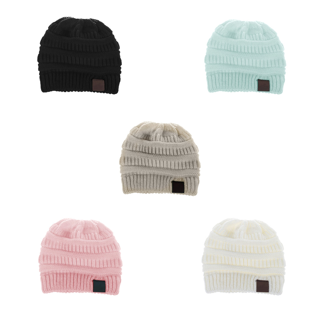 Womens Ponytail Beanie - Black, White, Pink, Mint or Beige