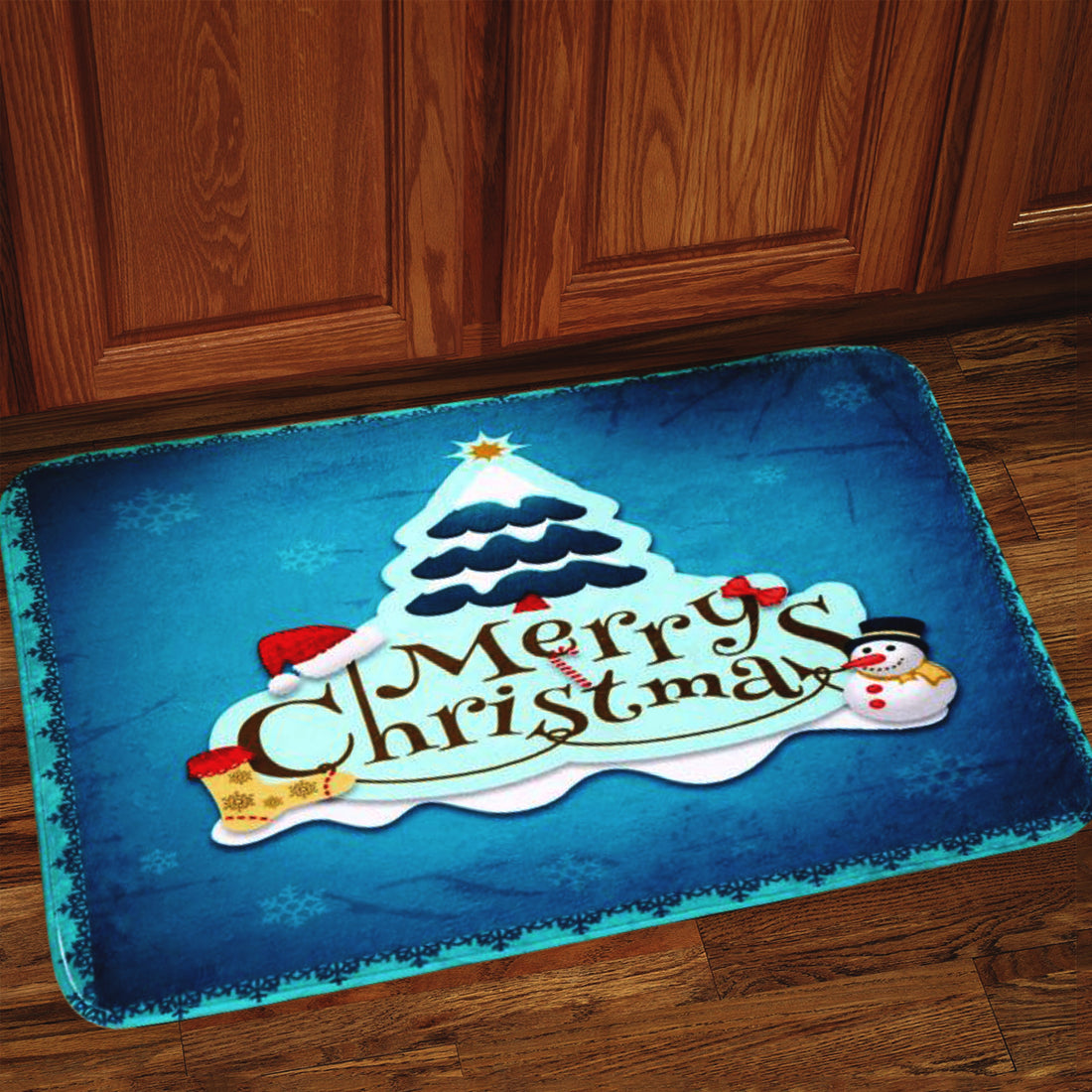 Holiday Floor Mat - Blue Merry Christmas, Snow Flakes, Snowman or Sleighing Santa