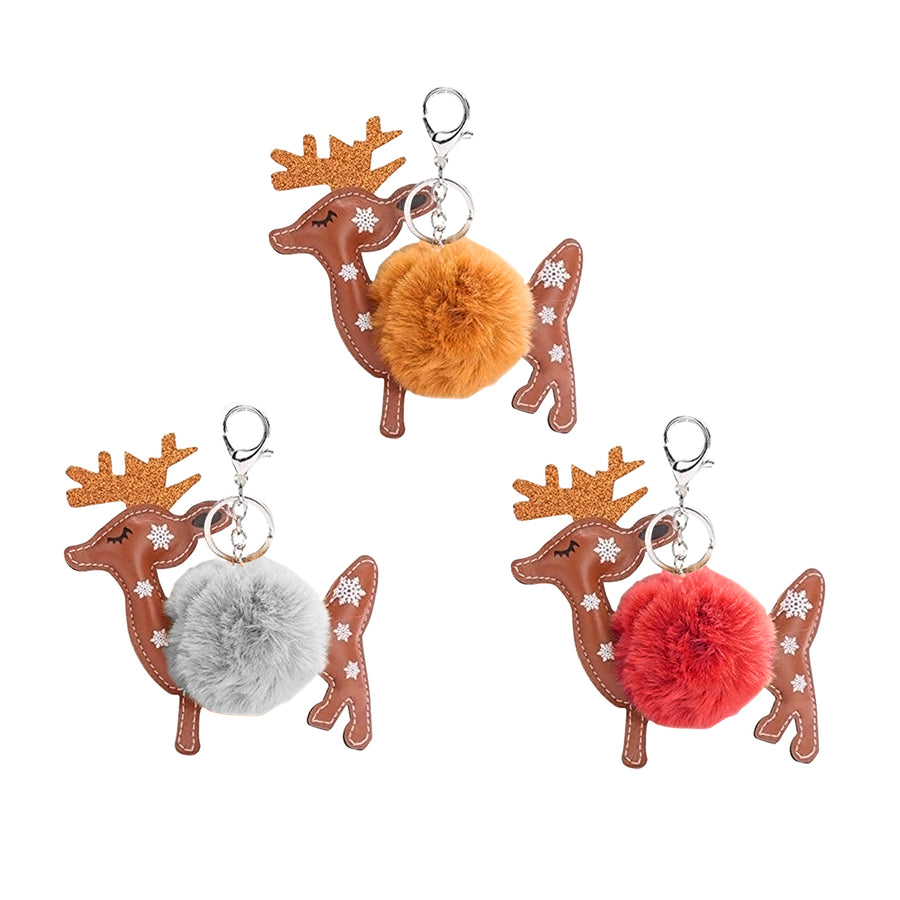 Christmas Pom Pom Puff Ball Poof Keychains (Singles and 2 Packs) Reindeer