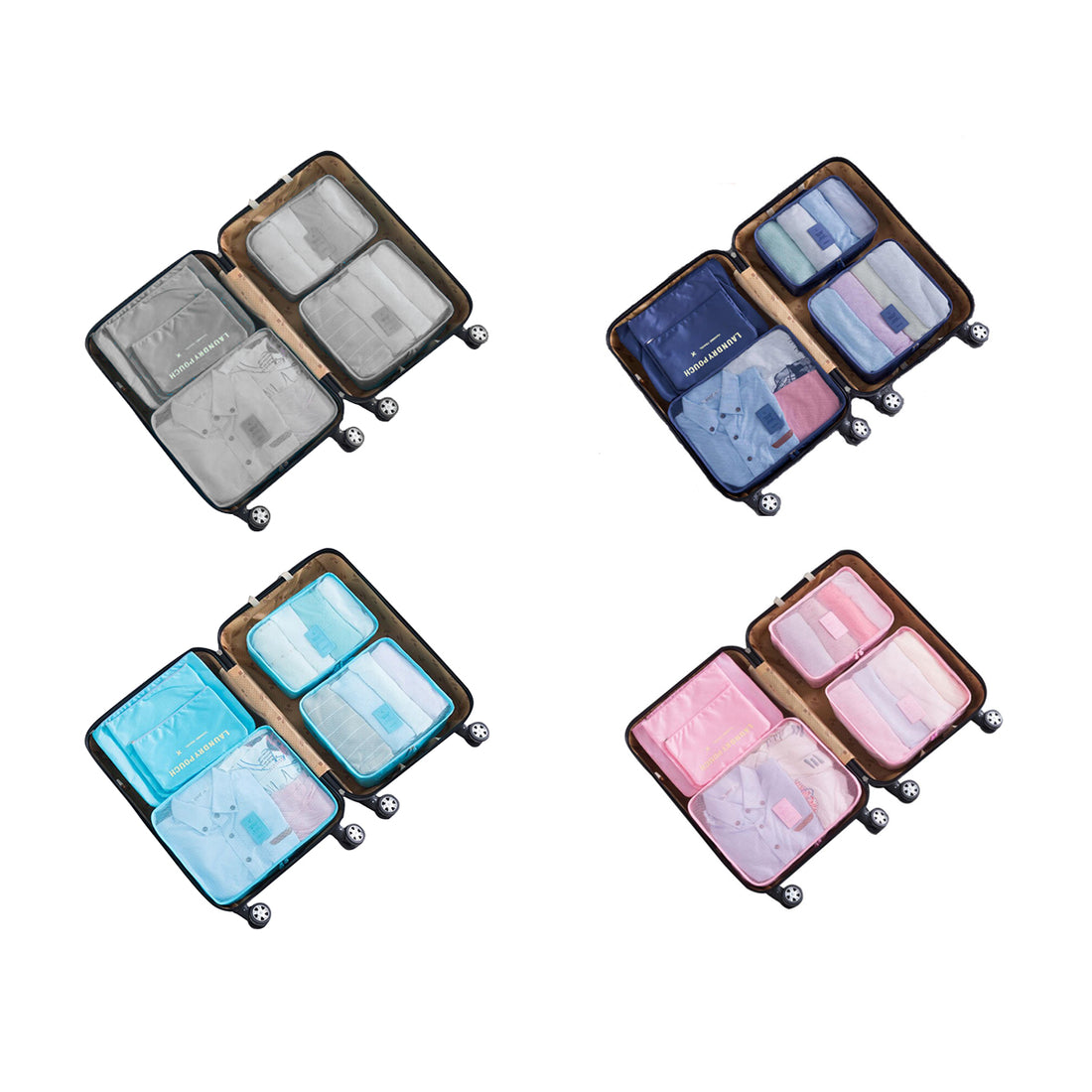 Travel Packing Cube Set of 6 - Pink, Navy, Grey, Sky Blue