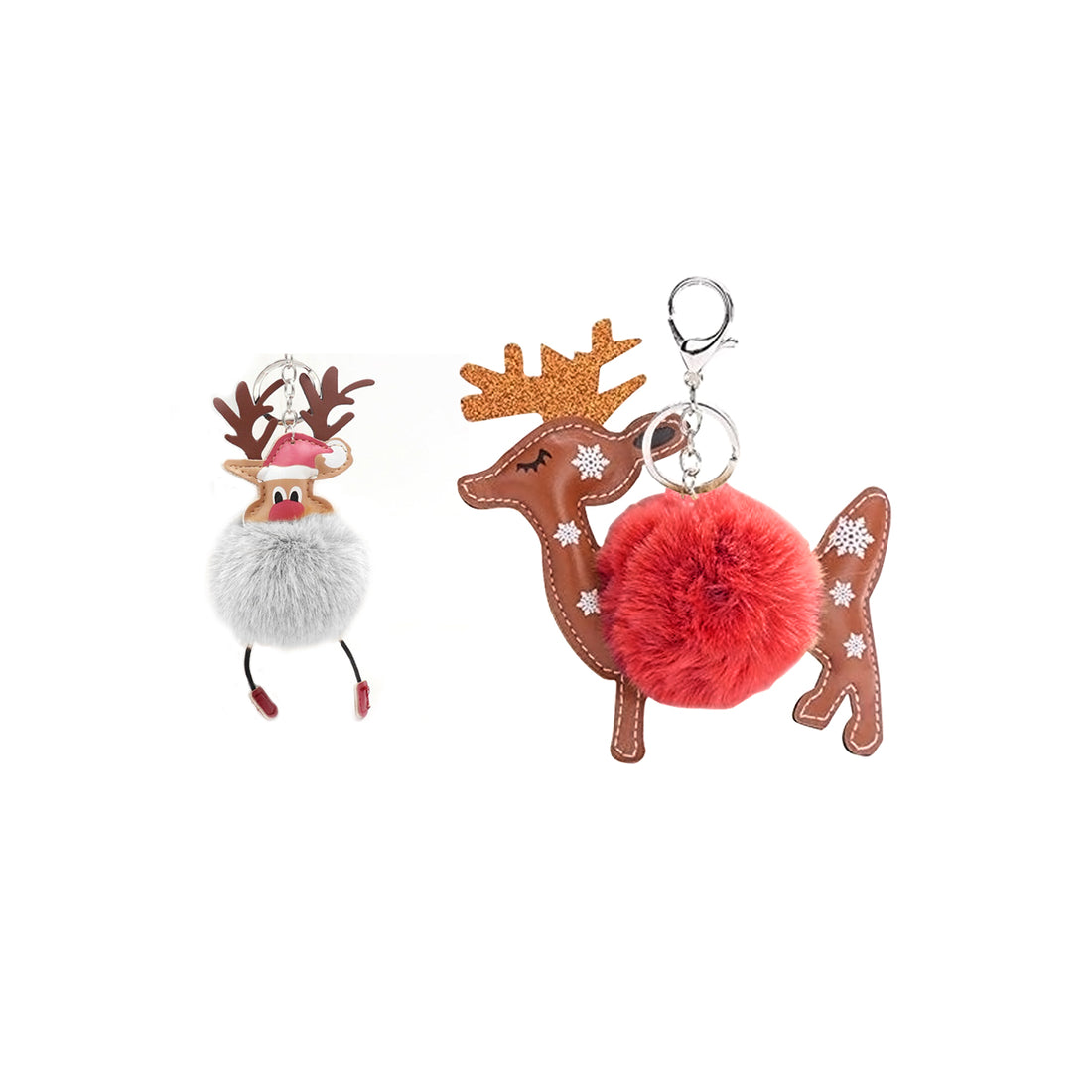 Christmas Pom Pom Puff Ball Poof Keychains (Singles and 2 Packs) Reindeer