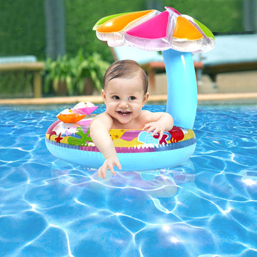 Inflatable Child Swim Ring With Sun Shade-Blue or Pink