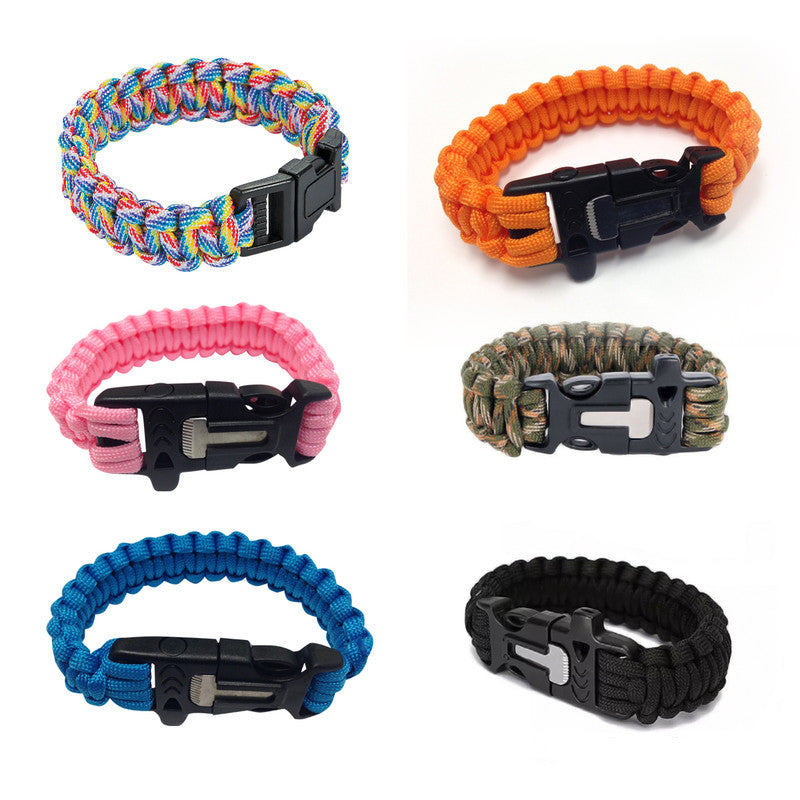 Survival Bracelet with Paracord/Flint Scraper/Whistle/Cutting Tool - Black, Blue, Camo, Orange, Pink or Rainbow