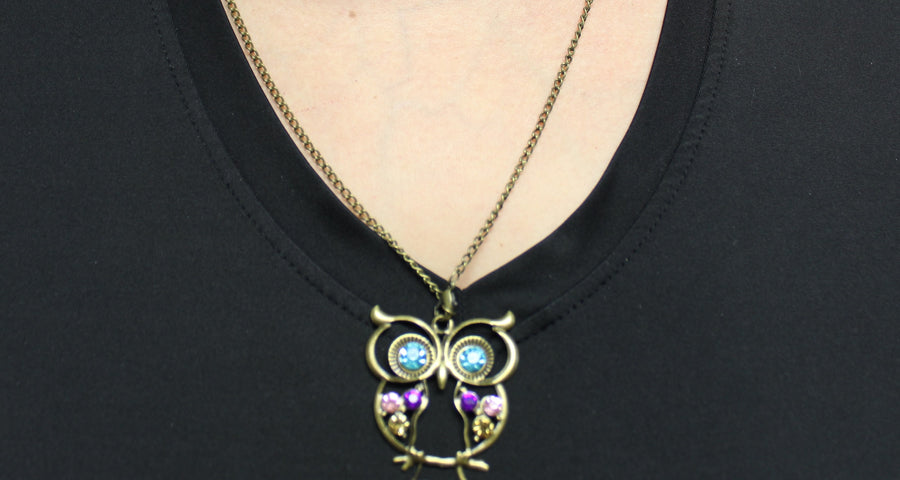 Retro Colorful Rhinestone Owl Pendant and Long Chain Necklace