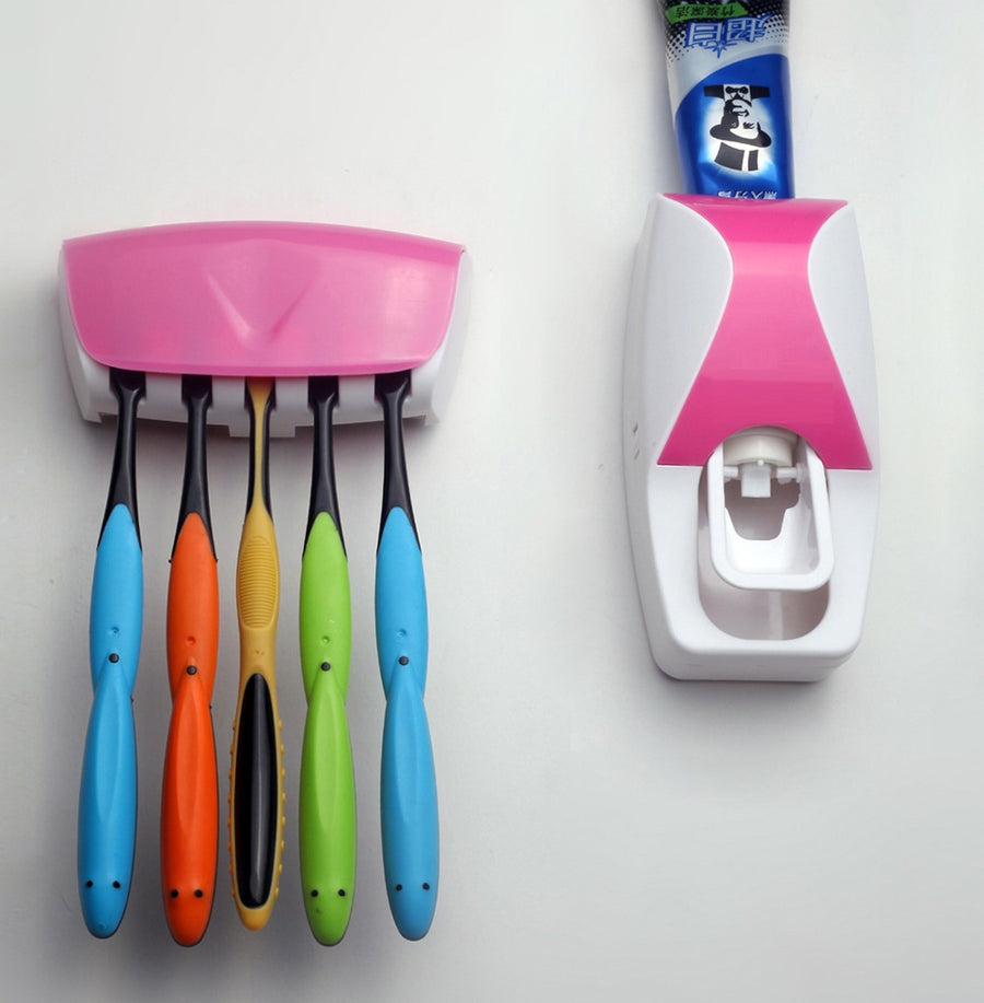 Automatic Toothpaste Squeezer with 5 Toothbrush Holder - Pink, Black, Blue, Green or Orange