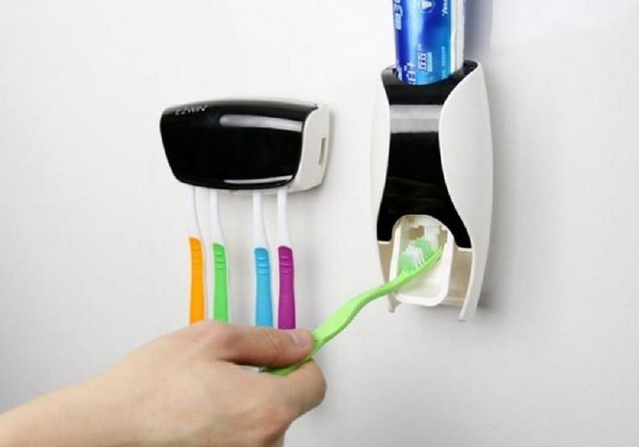 Automatic Toothpaste Squeezer with 5 Toothbrush Holder - Pink, Black, Blue, Green or Orange