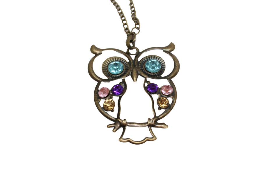 Retro Colorful Rhinestone Owl Pendant and Long Chain Necklace