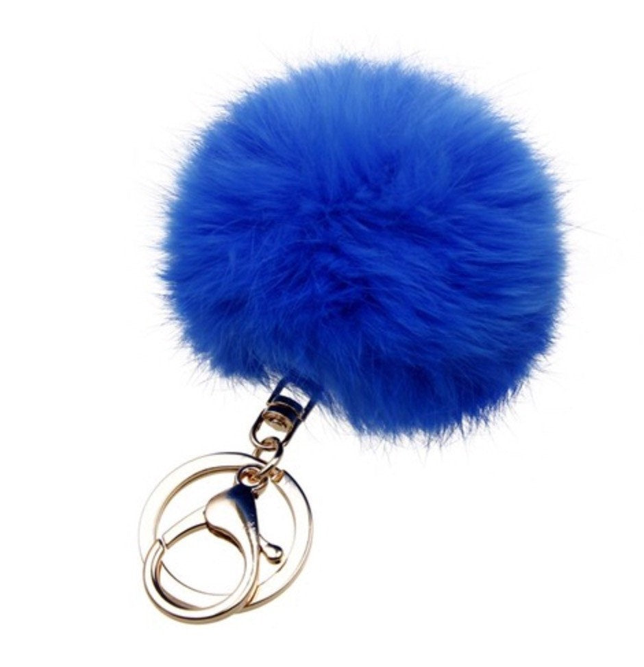 Faux Rabbit Fur Pom Pom Charm Keychain - Red, Black, Royal Blue, Light Pink or Hot Pink