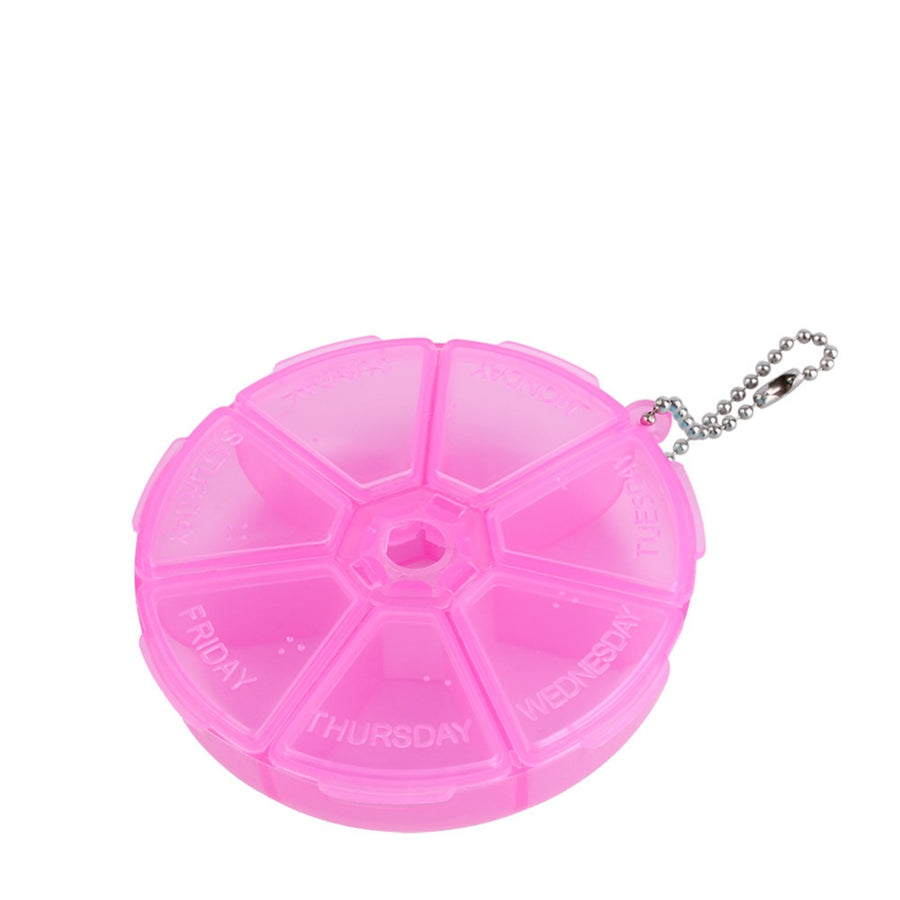 7 Day Round Travel Pill Organizer Keychain - Blue, Pink, White or Purple